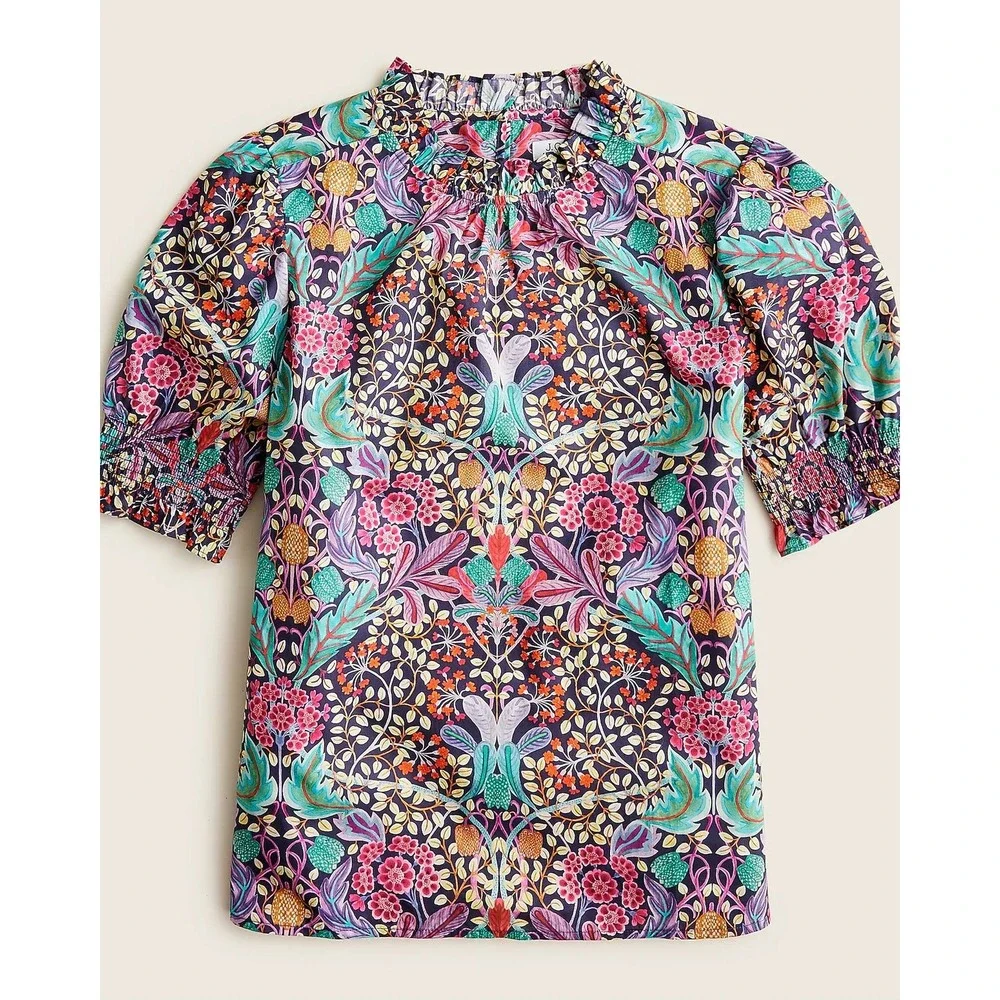 J.Crew Women's Liberty Elm House Floral Puff Sleeve Boho Top XS Ruffle Blouse